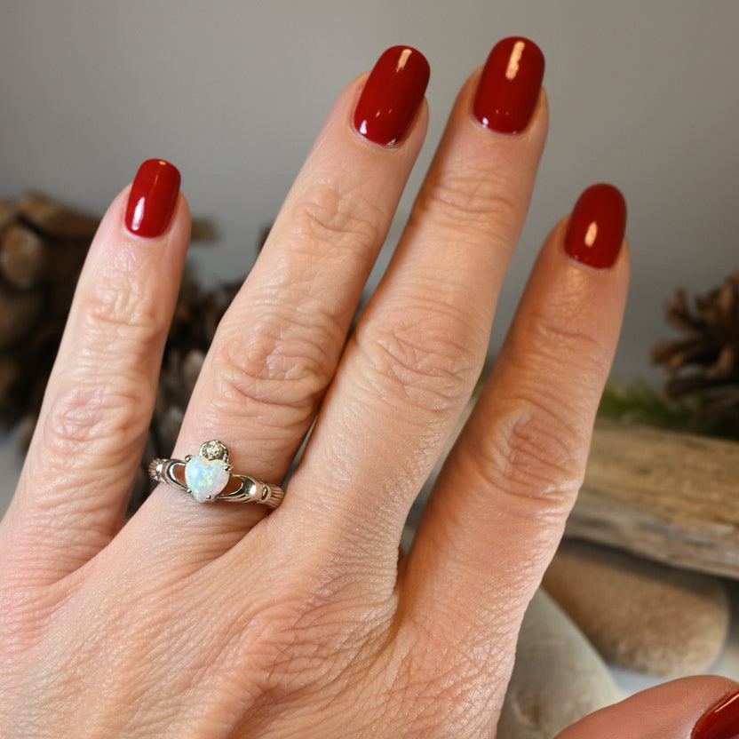 White Fire Opal Claddagh Ring