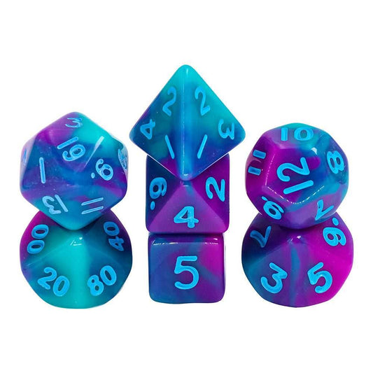 Teal Purple Blend 7-Dice Mini-Dice RPG Set w/Blue Numbers Miniature Dice - 