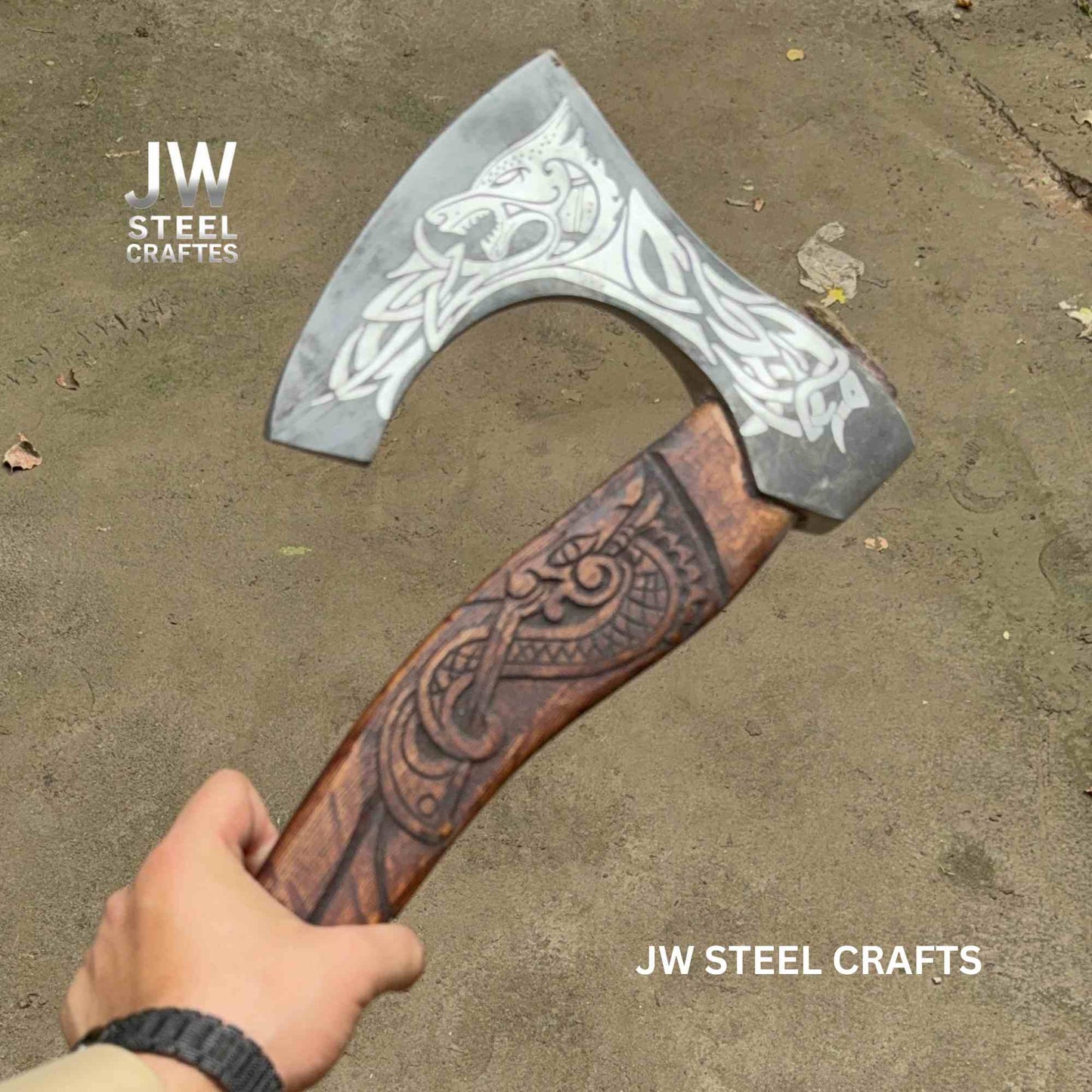 Hand-Engraved Viking Bearded Axe with Carved Hardwood Handle – Damascus Steel Blade | JW SteelCrafts