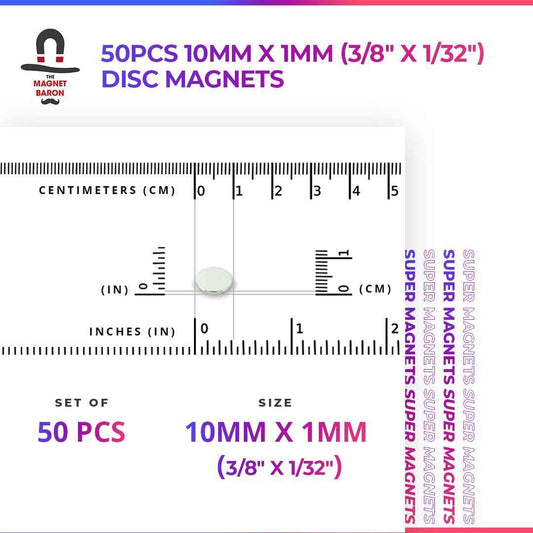 50pcs 10mm x 1mm (Approximately 3/8" x 1/32") Disc Magnets