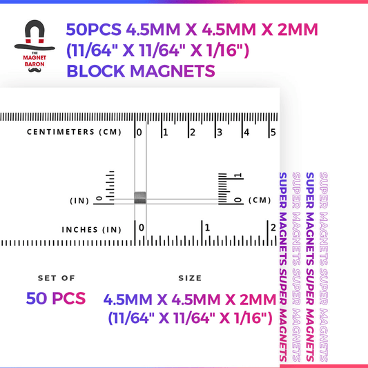 50pcs 4.5mm x 4.5mm x 2mm (Approximately 11/64" x 11/64" x 1/16") Block Magnets