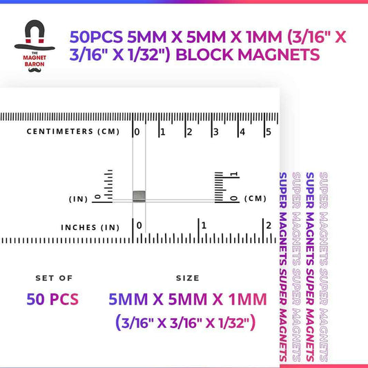 50pcs 5mm x 5mm x 1mm (Approximately 3/16" x 3/16" x 1/32") Block Magnets