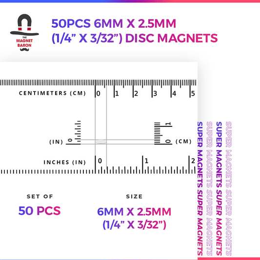 50pcs 6mm x 2.5mm (Approximately 1/4" x 3/32") Disc Magnets