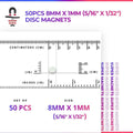 50pcs 8mm x 1mm (Approximately 5/16" x 1/32") Disc Magnets