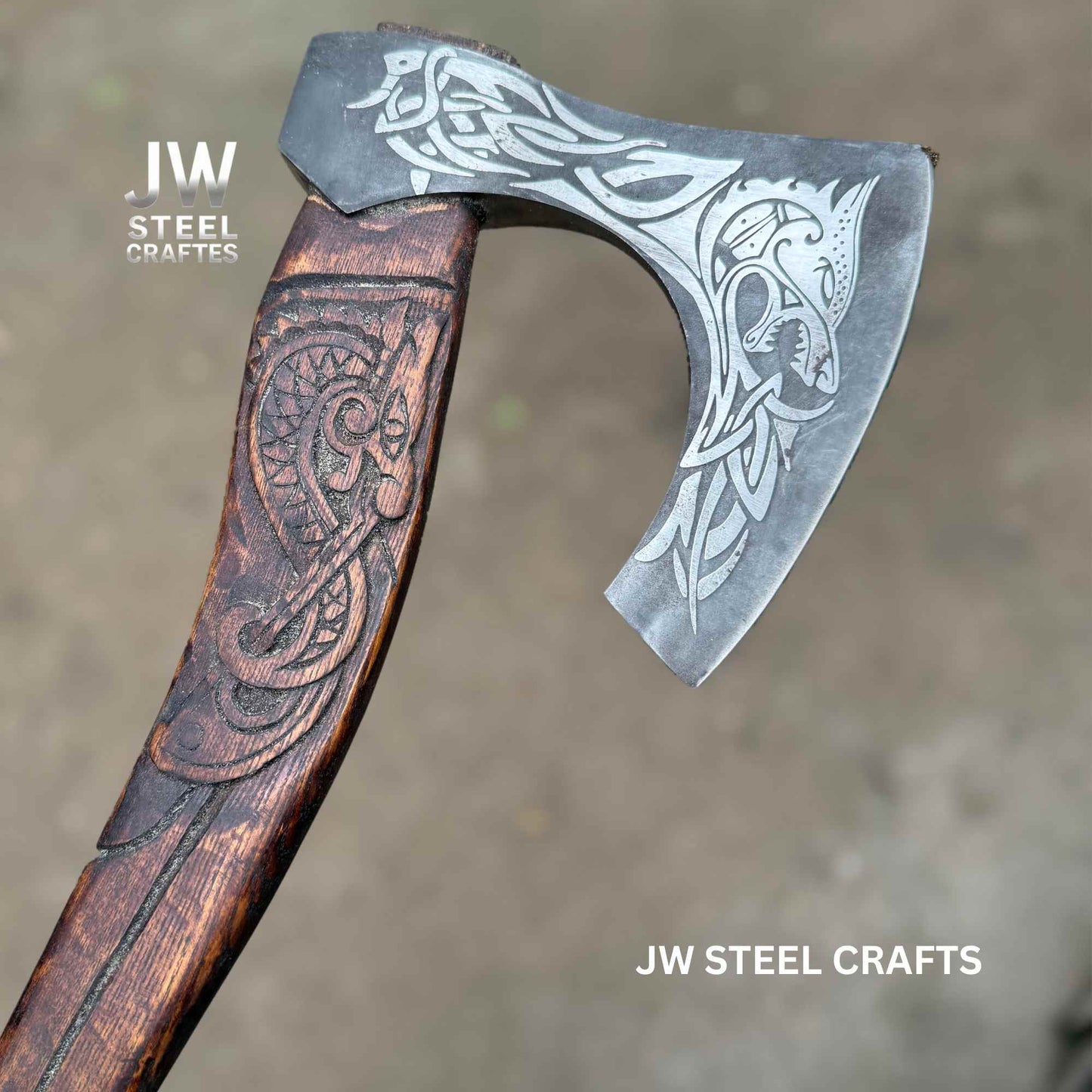 Hand-Engraved Viking Bearded Axe with Carved Hardwood Handle – Damascus Steel Blade | JW SteelCrafts