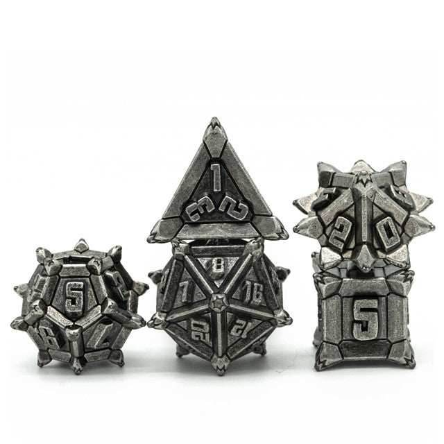 Vintage Silver Pinwheel Strengthened Metal 7-Dice Set | Metal DND Dice - 