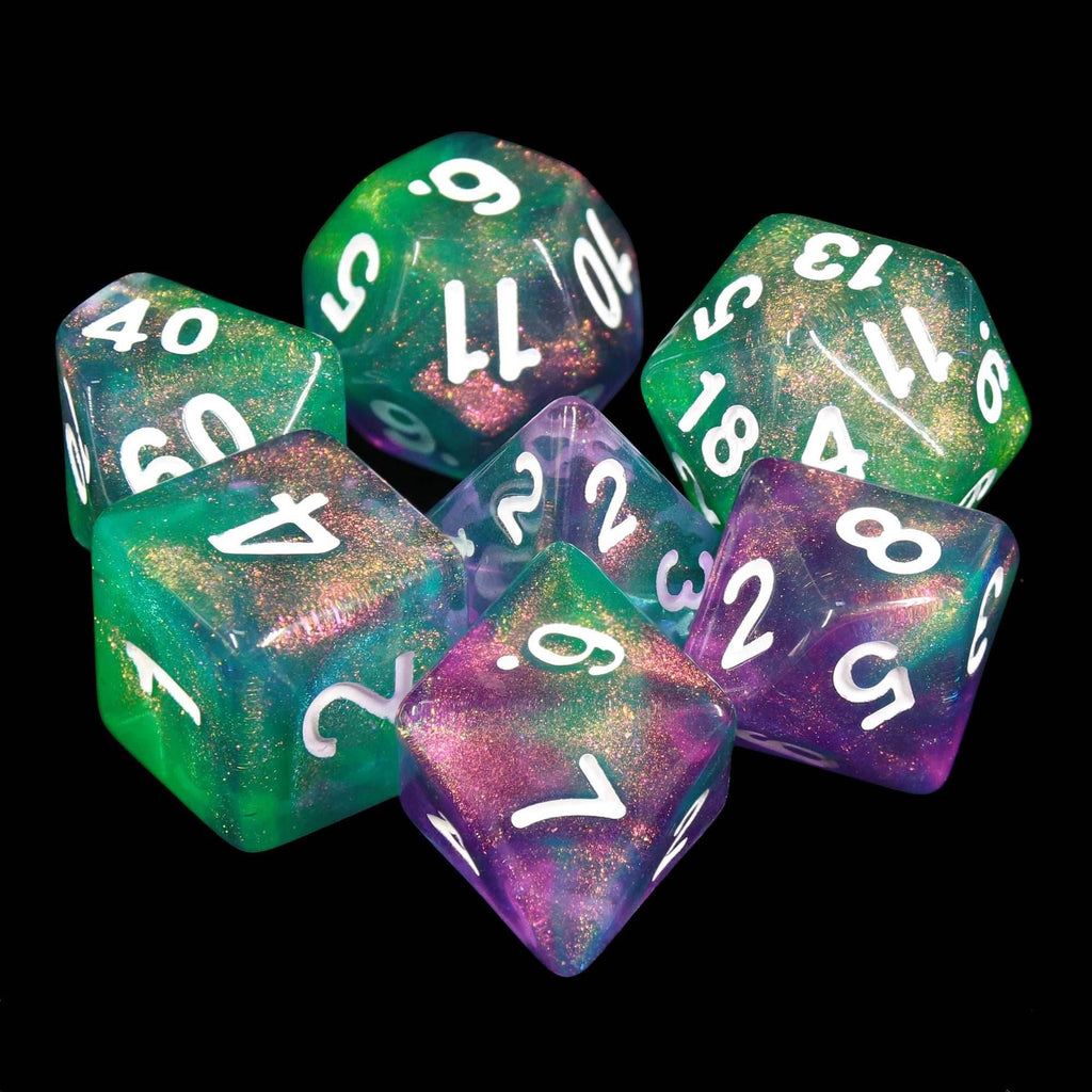 Potions Portion Green/Purple Glitter 7-Dice Set by HendgaDice - 