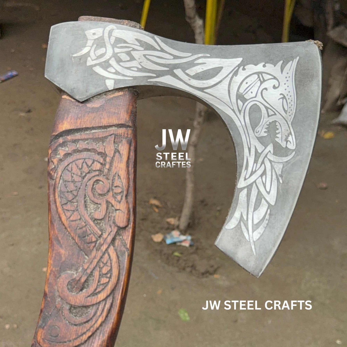 Hand-Engraved Viking Bearded Axe with Carved Hardwood Handle – Damascus Steel Blade | JW SteelCrafts