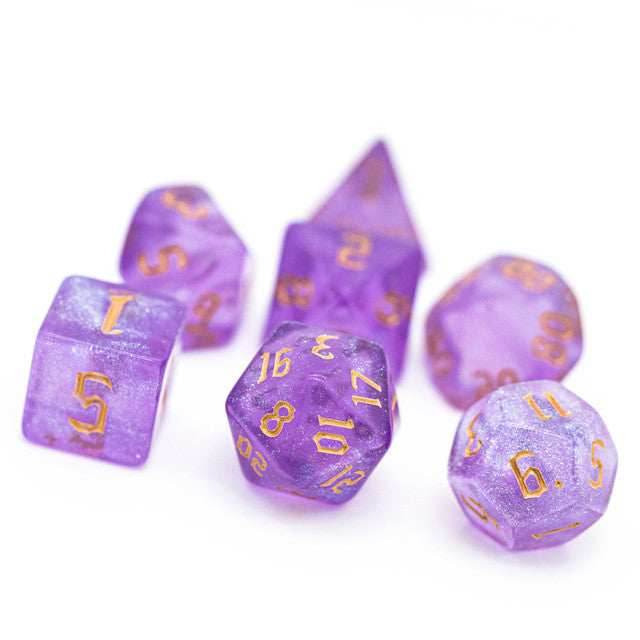 Purple Glitter Party Glitter Dice (Gold font) 7-Dice Set RPG DND - 