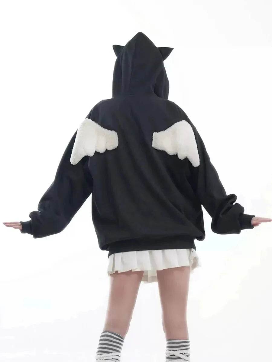 'Angels Here' Streetstyle Kawaii Star Pattern Angel Wings Hoodie - black / m