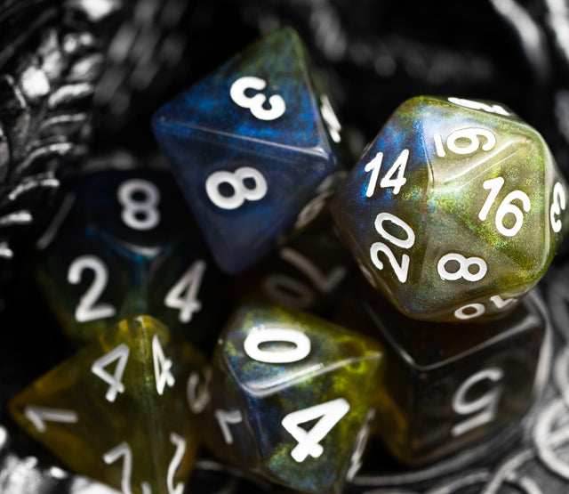 Yellow & Blue w/white Galaxy Glitter 7-Dice Set RPG - 