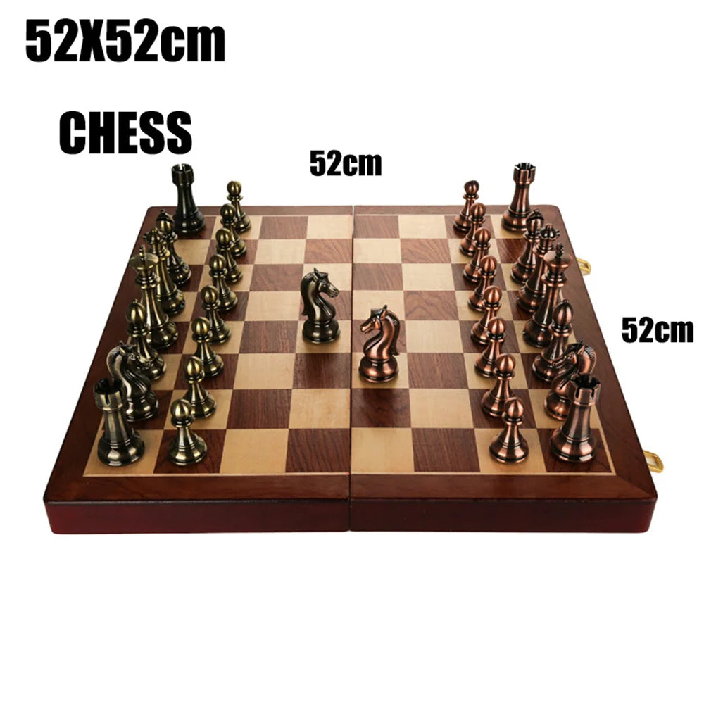 52x52cm High Grade Luxury Wooden Chess Board Games Bronze Metal Chess Pieces Set Folding Family Board For Children Checkerboard