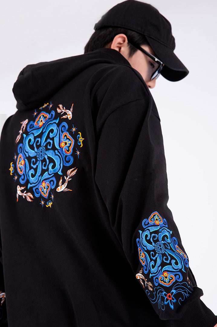 KH9201 Fish Art Embroidery Hoodie - Black / S