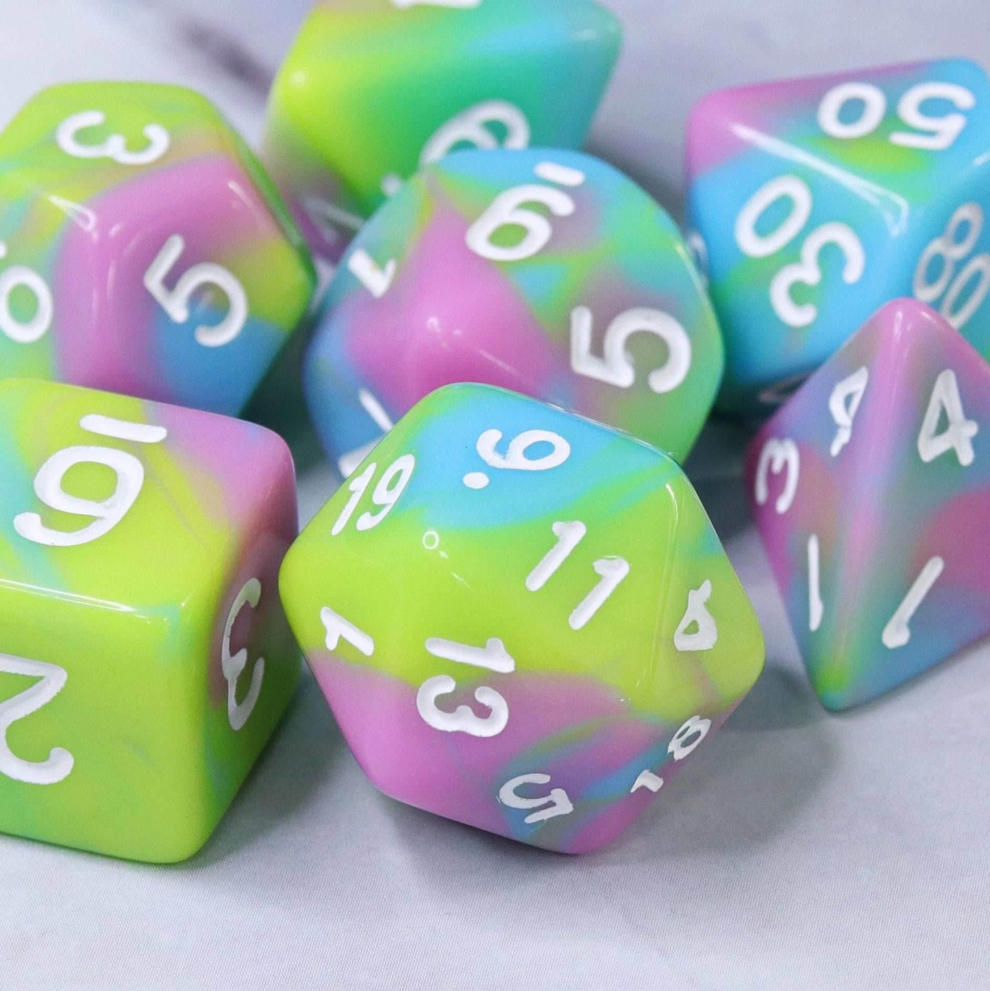 Childhood Pink/Blue/Green/Yellow Blend with White Numbering 7-Dice Set RPG - 