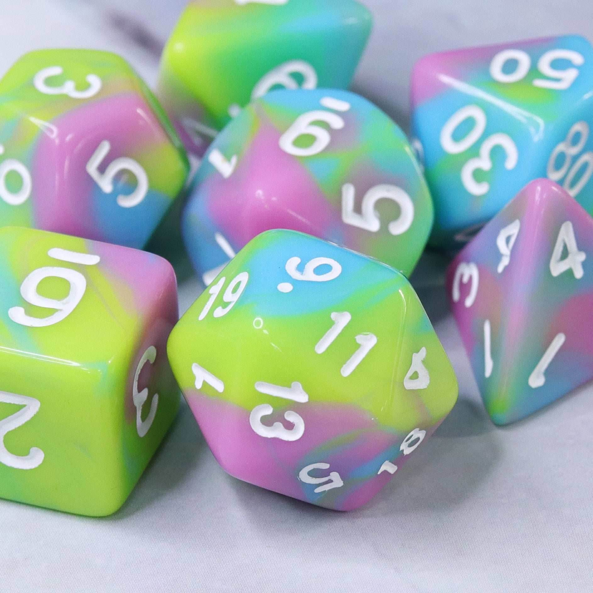 Childhood Pink/Blue/Green/Yellow Blend with White Numbering 7-Dice Set RPG - 