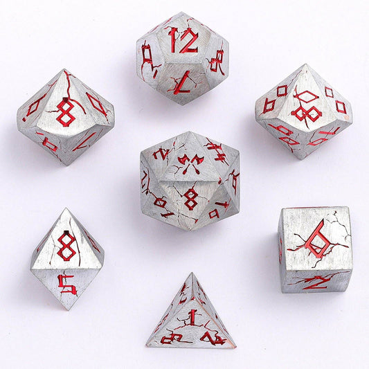 Barbarian Solid Metal Polyhedral Dice Set - Matte Silver Red - 