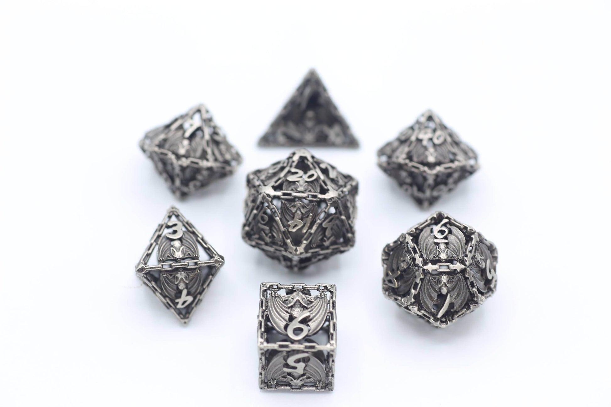 Ancient Silver Hollow Metal Bat Polyhedral Dice Set - 