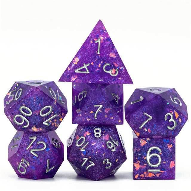 Purple Glitter Sharp Edge DND Dice Set | Gold Flake w/Silver Numbers - 