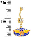 Clear Gem Gold Plated Licensed Wonder Woman Logo Dangle Belly Ring