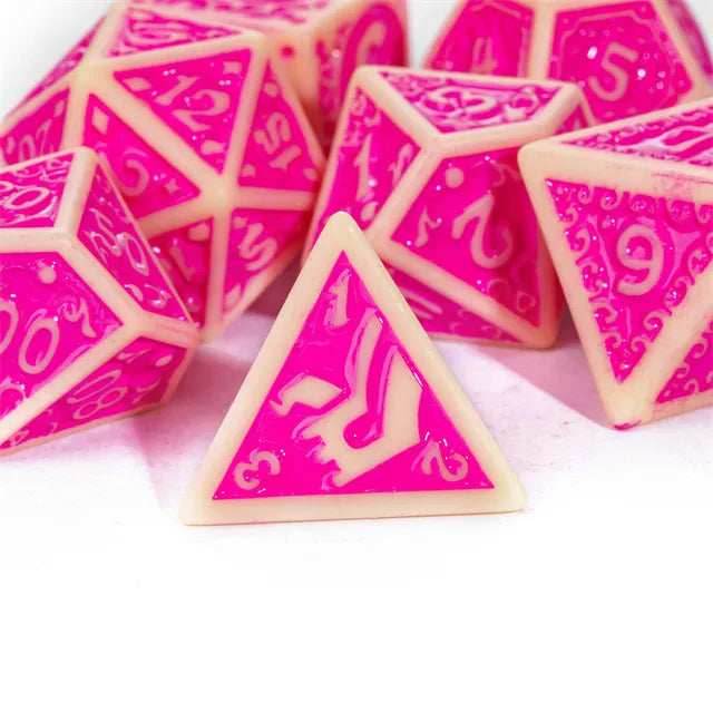 Off-White with Pink Irregular Pattern Fill: 7-Piece Acrylic Dice Set - 