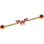 Red Gem Gold Plated Licensed Wonder Woman Logo Industrial Barbell