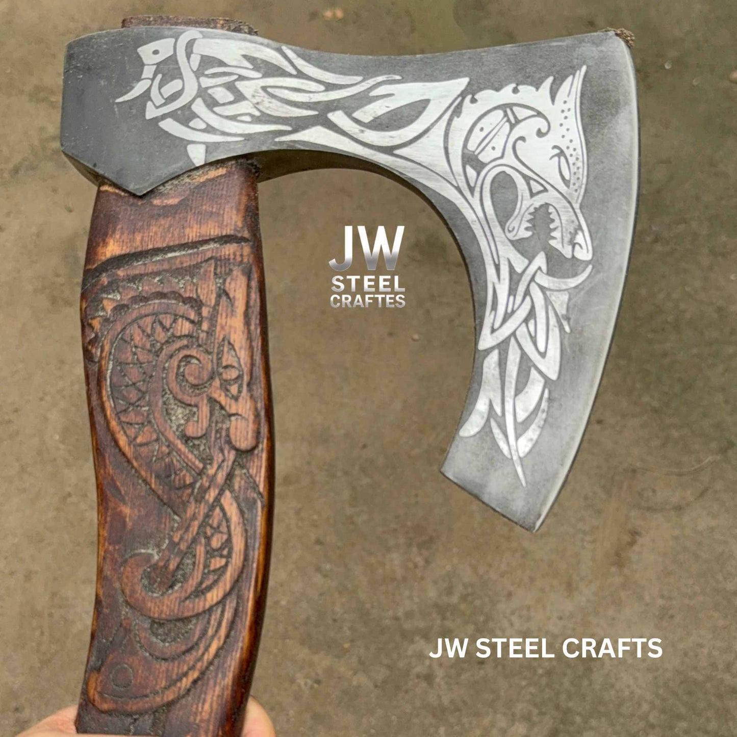 Hand-Engraved Viking Bearded Axe with Carved Hardwood Handle – Damascus Steel Blade | JW SteelCrafts
