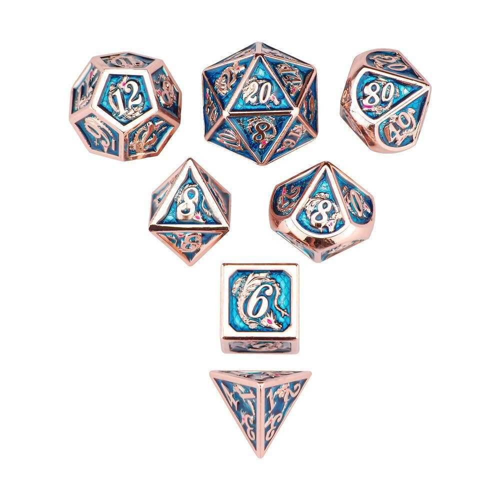 Copper with Light Blue Solid Metal Dragon Dice set - 