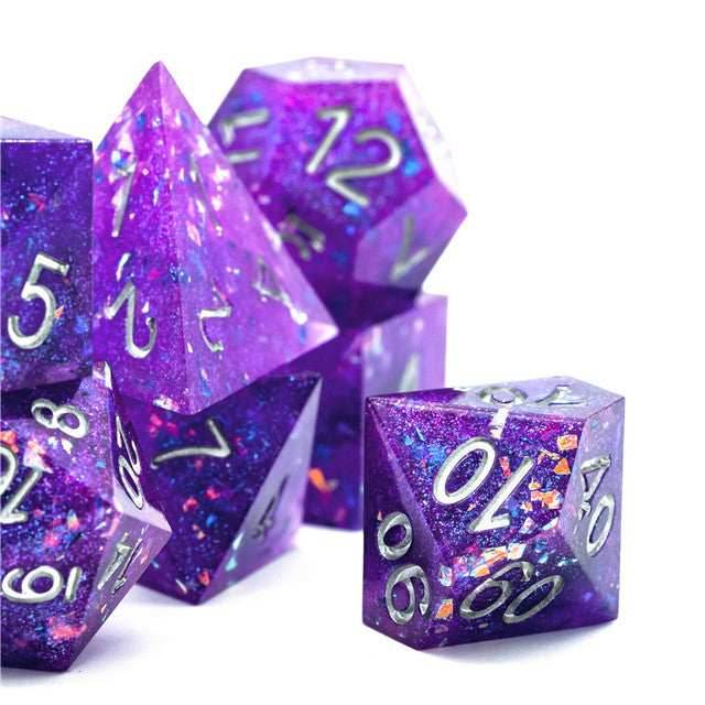 Purple Glitter Sharp Edge DND Dice Set | Gold Flake w/Silver Numbers - 