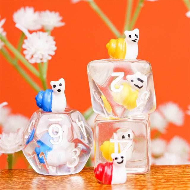 7-Color Snail Dice | Clear RPG 7-Dice Set w/ Colorful Snails Inside - 