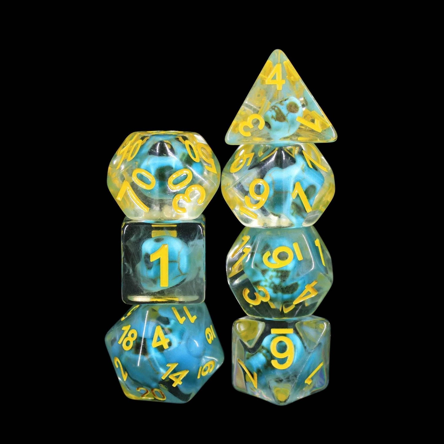 Turquoise Treasure Skull Dice Blue/Yellow Halloween Resin 7-Dice - 