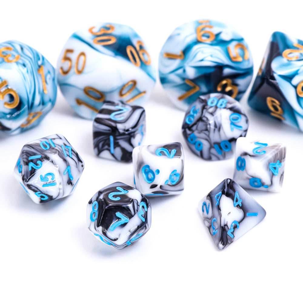 Black White Blend 7-Dice Mini-Dice RPG Set w/Blue Numbers Miniature Dice - 