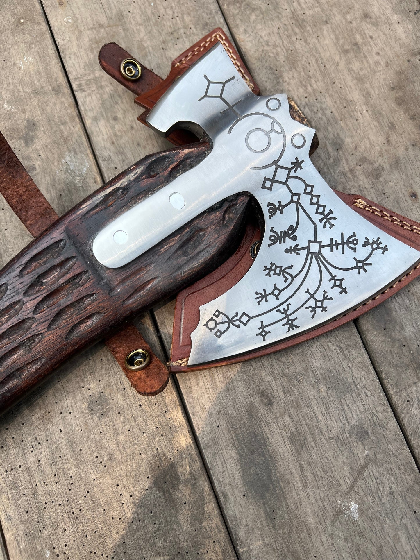 Hand Engraved Viking Double-Bit Axe with Carved Hardwood Handle and Norse Rune Detailing | Handmade Damascus Steel Collector Axe | JW SteelCrafts