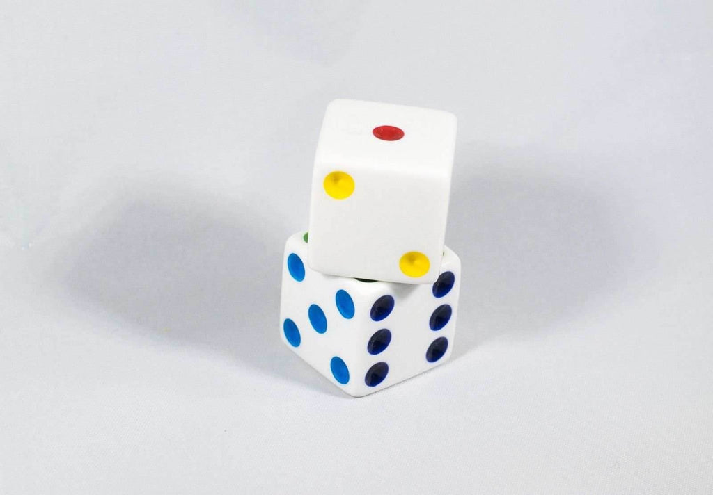 NEW 2 Jumbo 25mm 1 inch White Dice Pair RPG D6 Koplow Large Huge Rainbow Pips - 
