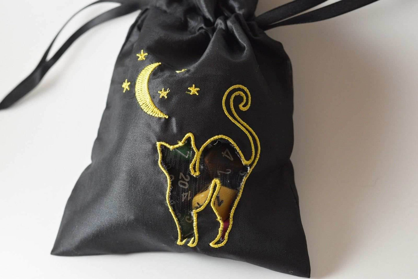 Black Cat Gift Bag Large Game Dice Bag White Counter Pouch Taffeta Scary Night - 
