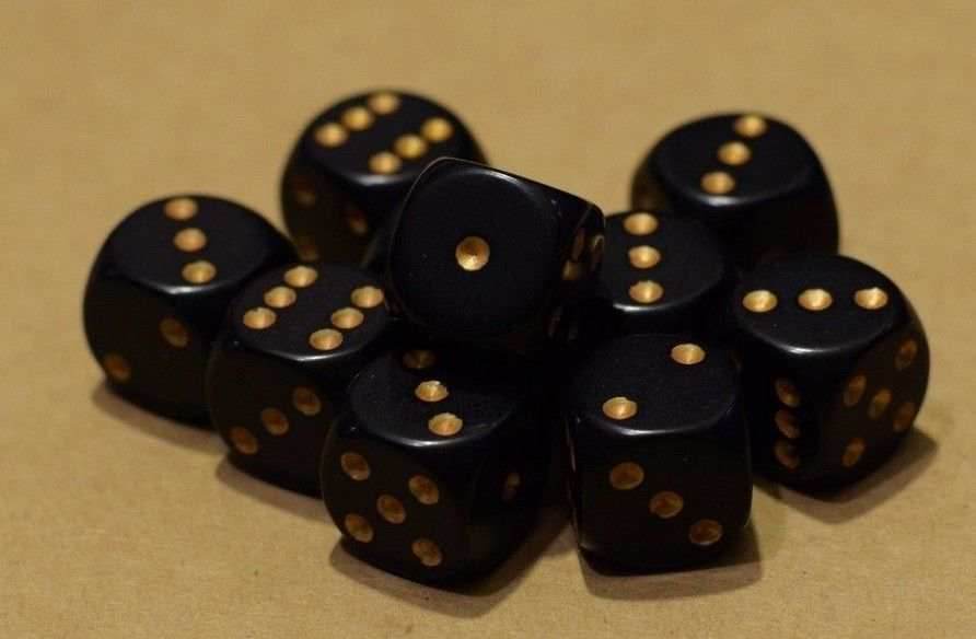 Opaque 16mm D6 RPG Chessex Dice (10 Dice) Solid Black with Gold Pips Bunco - 