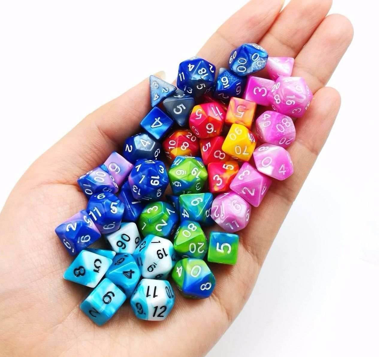 New Green Blue Miniature Poly Dice Set Blue White Small (7) RPG DnD Mini Cute - 