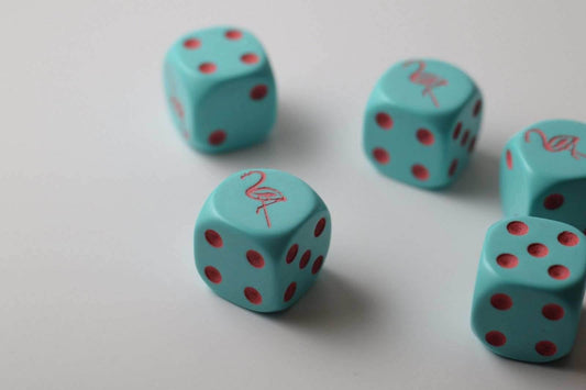 NEW Blue Dice with Pink Flamingo Dice 6 Sided Bunco RPG Game D6 16mm Roll (sold per piece) - 