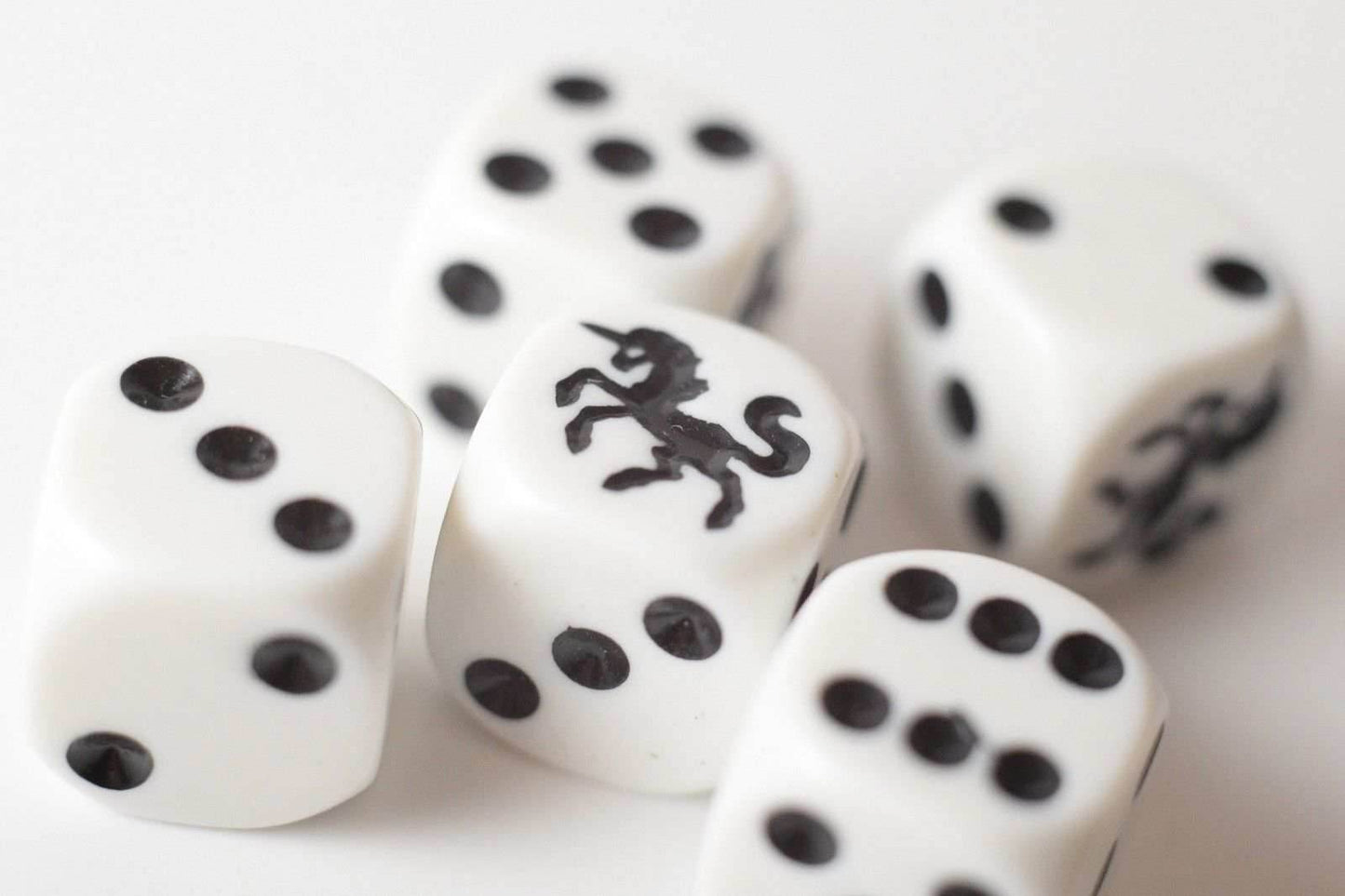 White Dice with Black Unicorns Dice Sided Bunco RPG D6 16mm Roll (sold per die) - 