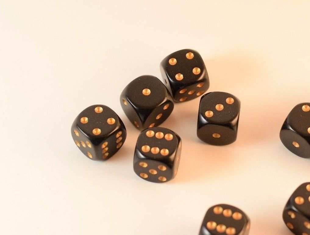 Opaque 16mm D6 RPG Chessex Dice (10 Dice) Solid Black with Gold Pips Bunco - 