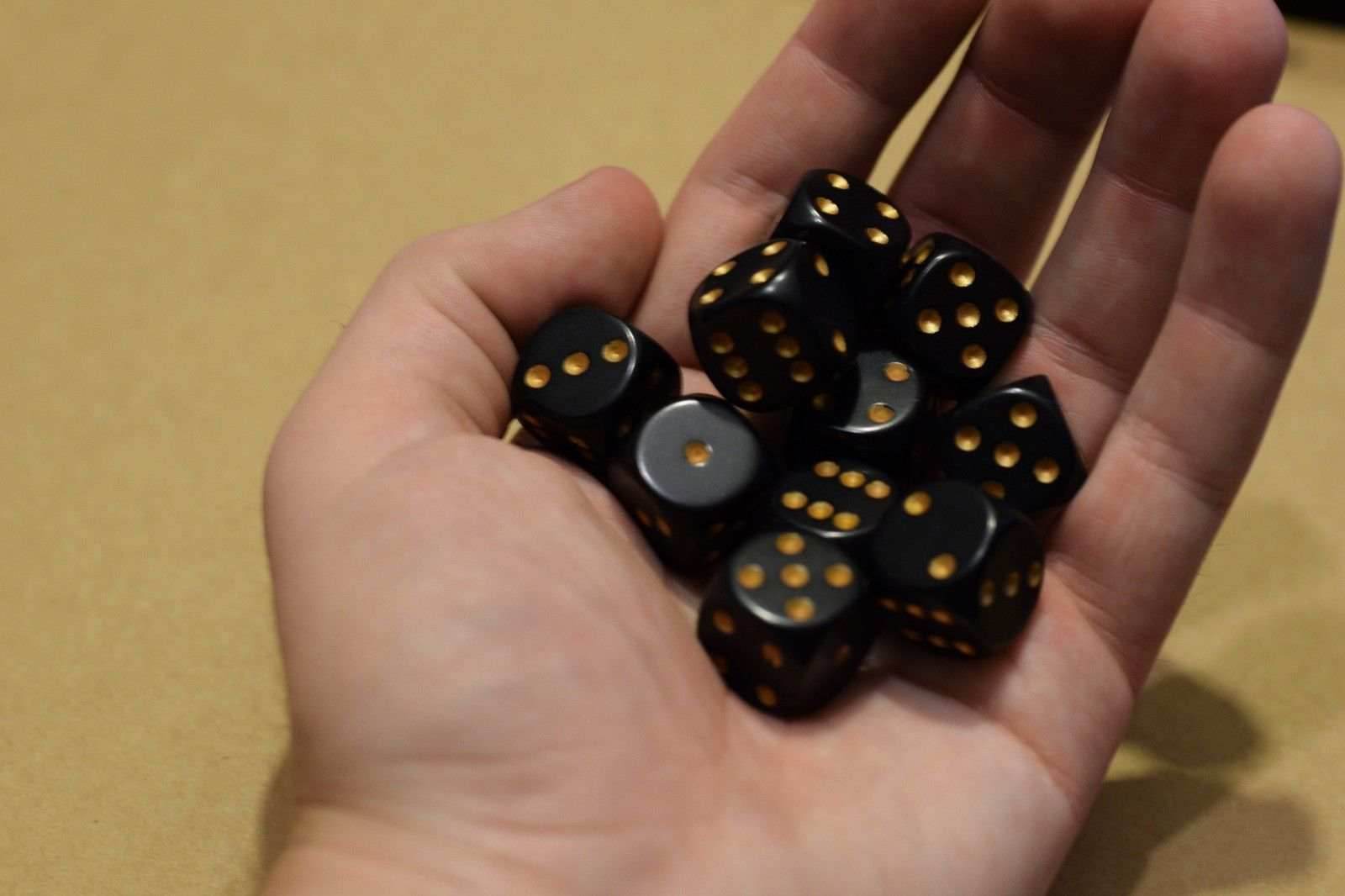 Opaque 16mm D6 RPG Chessex Dice (10 Dice) Solid Black with Gold Pips Bunco - 