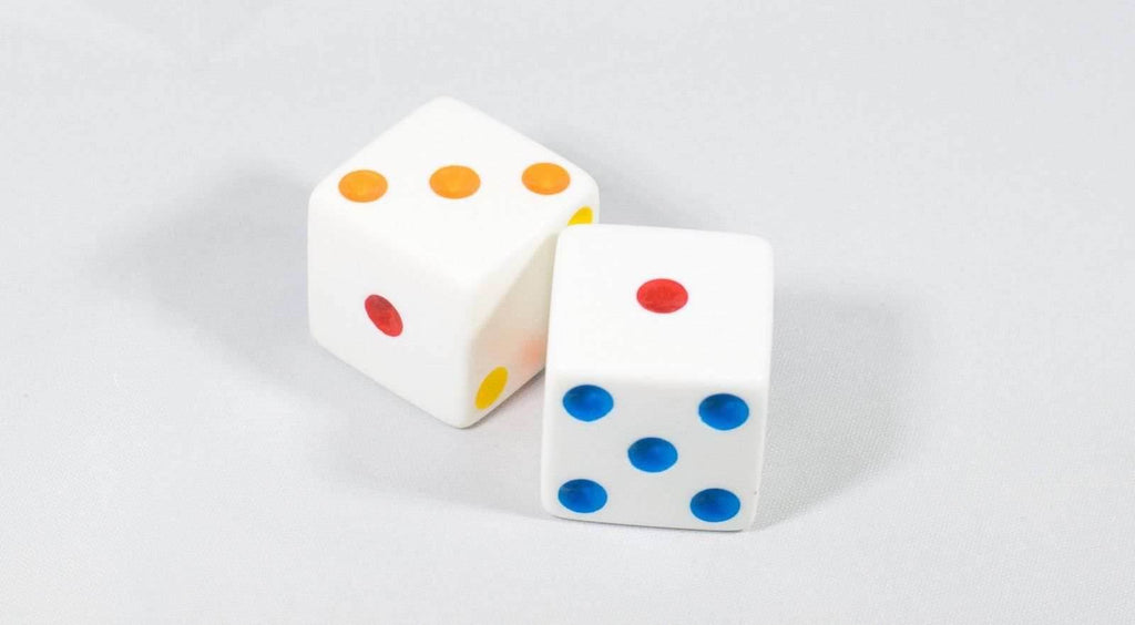 NEW 2 Jumbo 25mm 1 inch White Dice Pair RPG D6 Koplow Large Huge Rainbow Pips - 