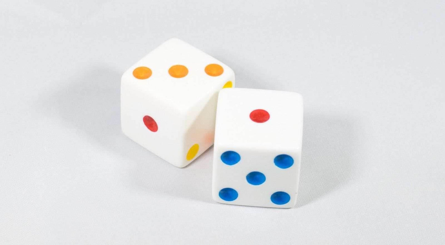 NEW 2 Jumbo 25mm 1 inch White Dice Pair RPG D6 Koplow Large Huge Rainbow Pips - 