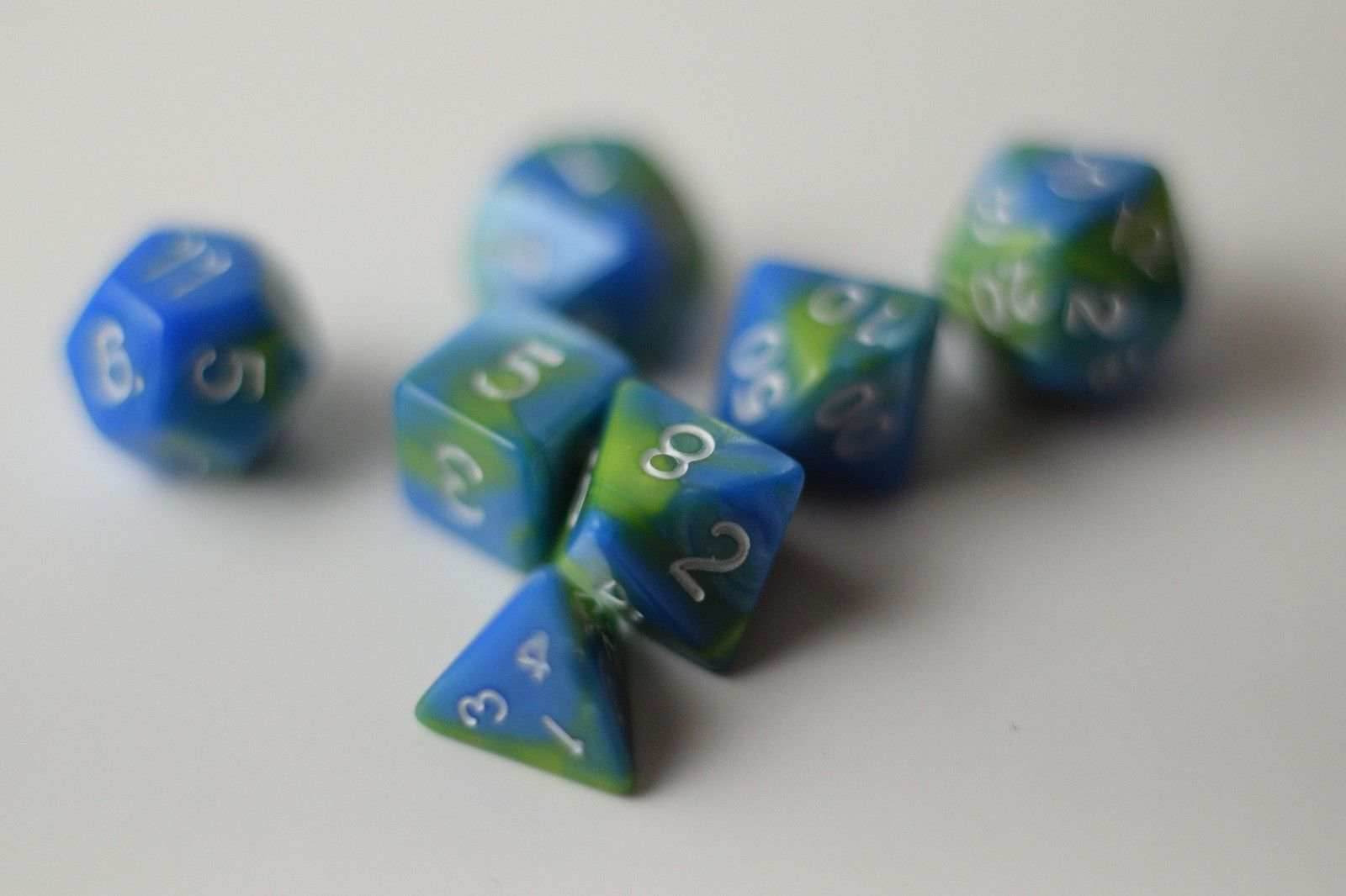 New Green Blue Miniature Poly Dice Set Blue White Small (7) RPG DnD Mini Cute - 