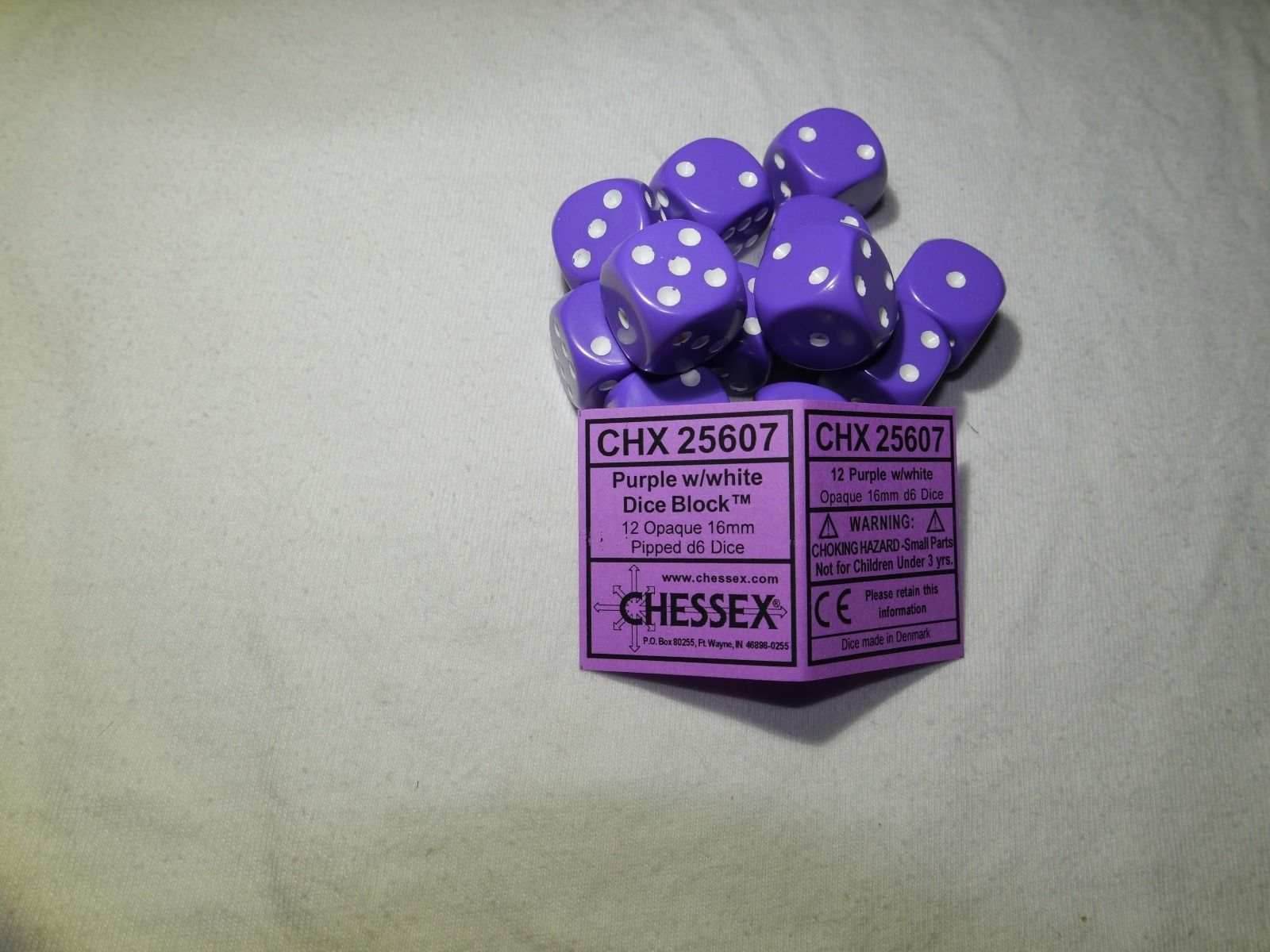 Opaque 16mm D6 RPG Chessex Dice (10 Dice) - Purple - Opaque Purple w/ White Pips - 
