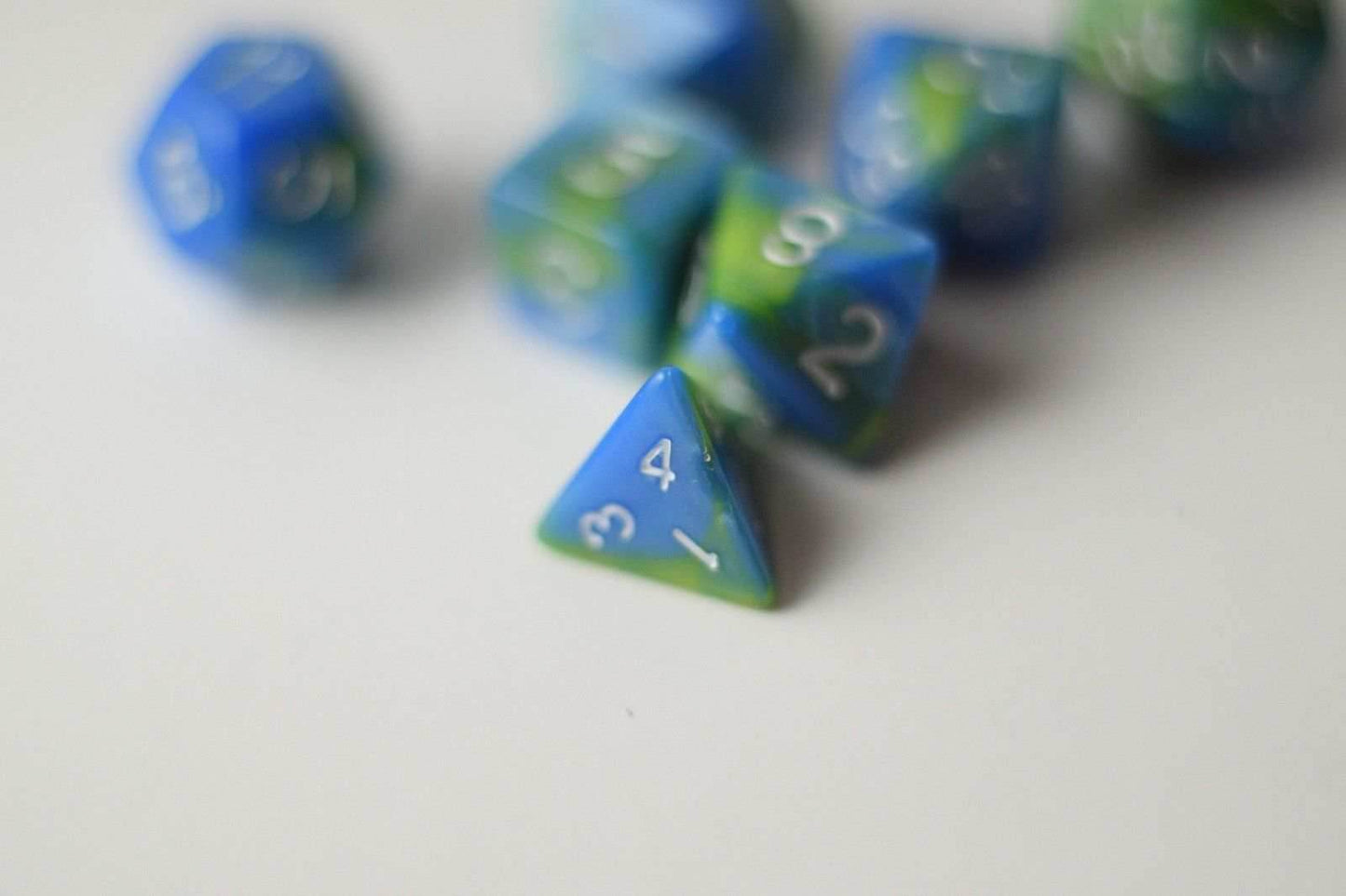 New Green Blue Miniature Poly Dice Set Blue White Small (7) RPG DnD Mini Cute - 
