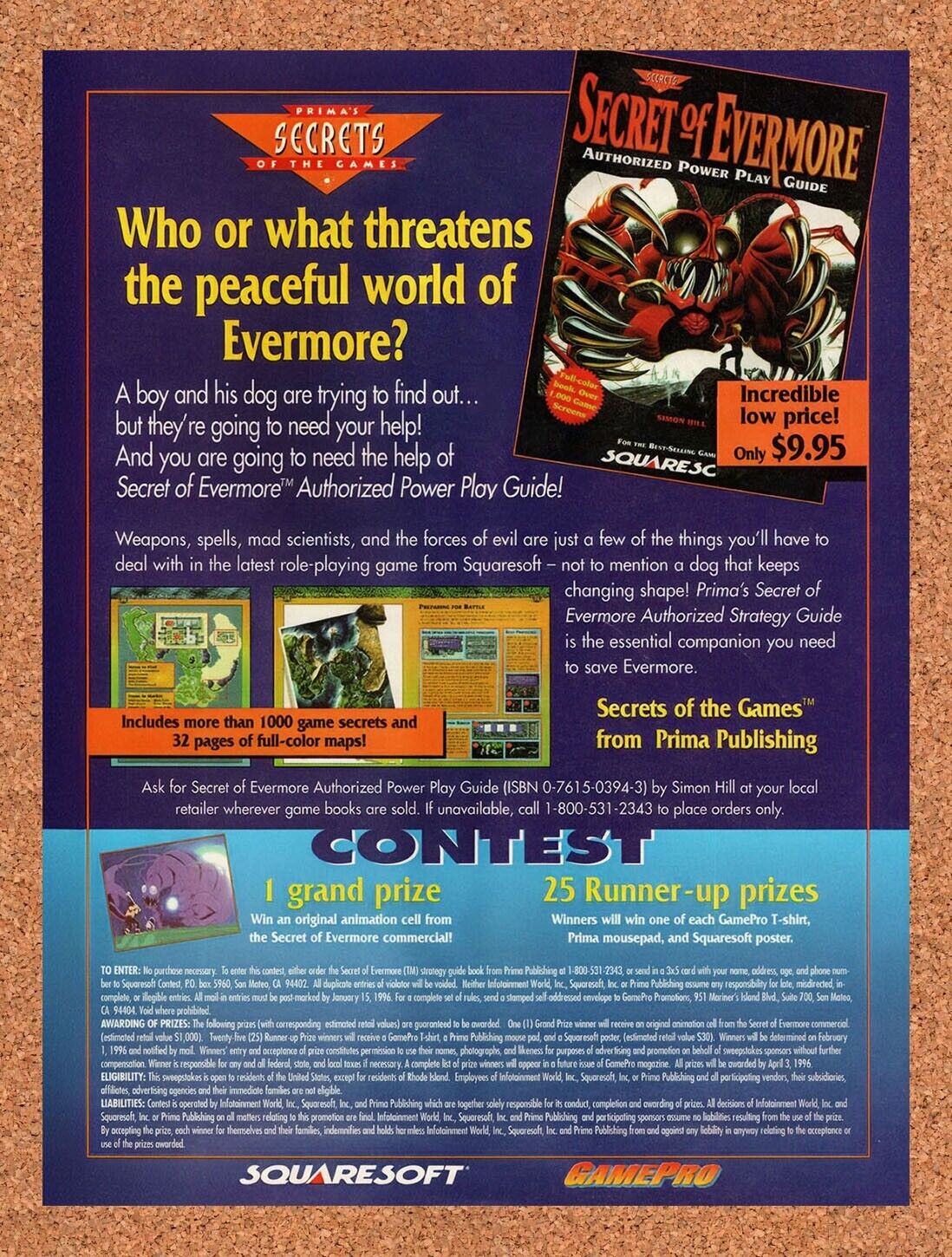 1995 Secret Of Evermore Prima Contest Original Ad v