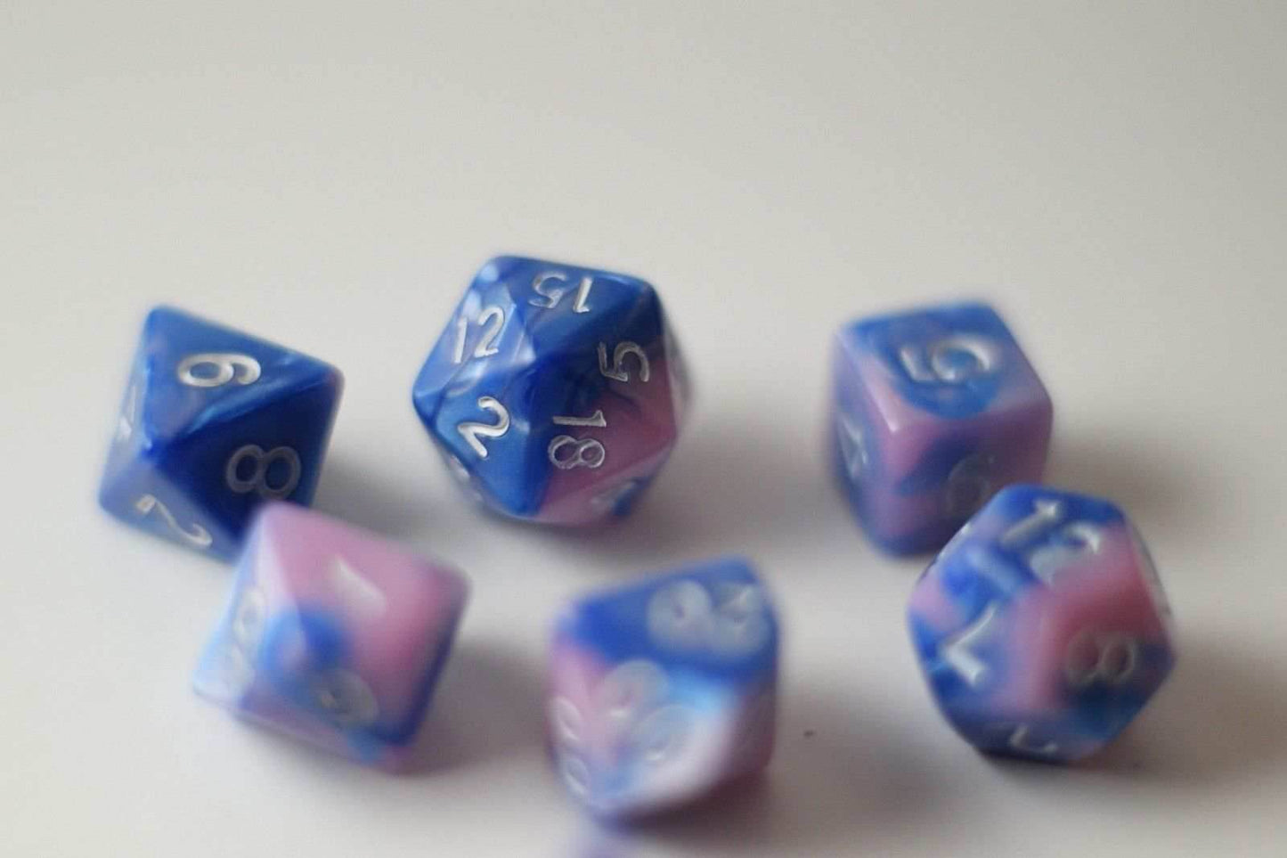 New Shiny Pink Blue Miniature Poly Dice Set Small (7) RPG DnD Mini Cute - 