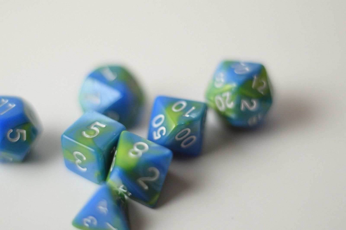 New Green Blue Miniature Poly Dice Set Blue White Small (7) RPG DnD Mini Cute - 