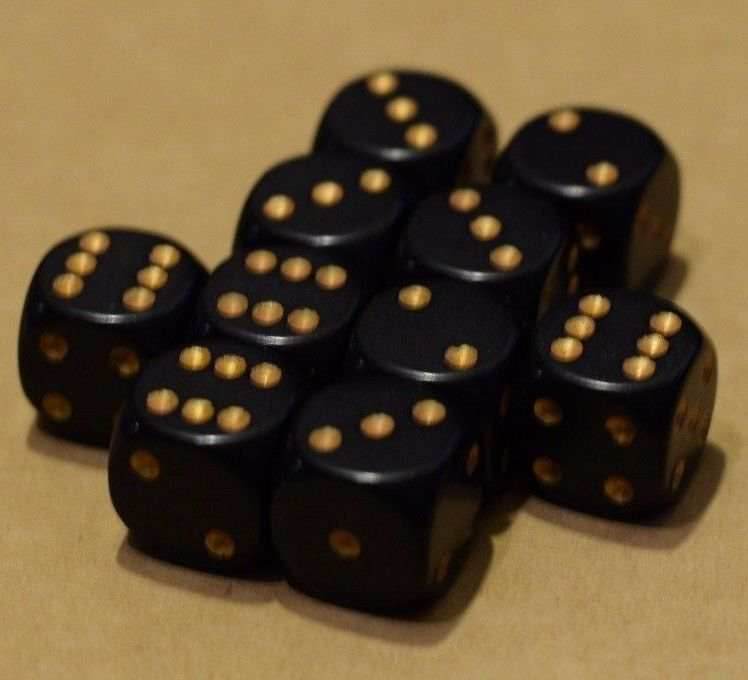Opaque 16mm D6 RPG Chessex Dice (10 Dice) Solid Black with Gold Pips Bunco - 