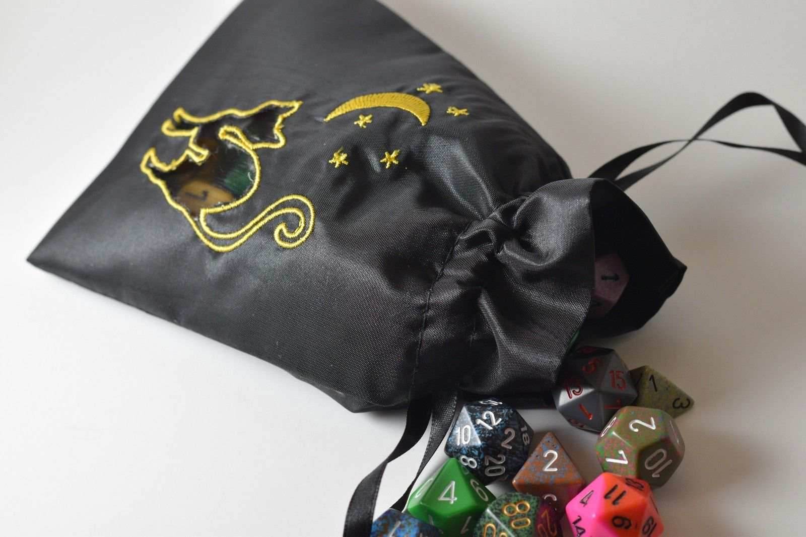 Black Cat Gift Bag Large Game Dice Bag White Counter Pouch Taffeta Scary Night - 
